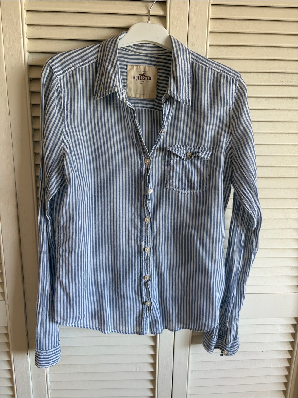 Hollister Light Blue and White Vertical Stripe Button-Down Shirt
